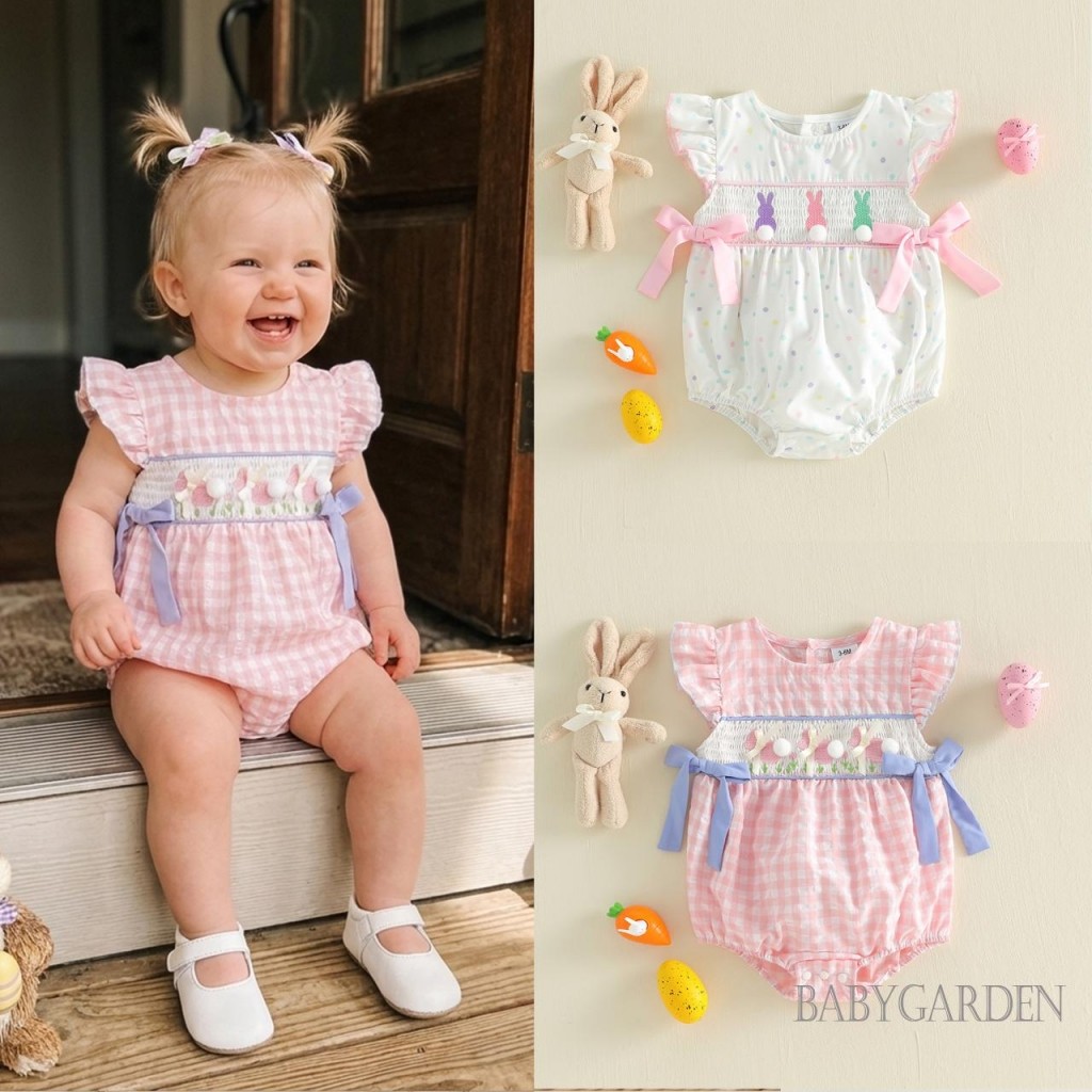 ชุดราปเปอร์สำหรับทารก Easter สีชมพู ลายจิงเกิล แขนระบาย โบว์กระต่าย