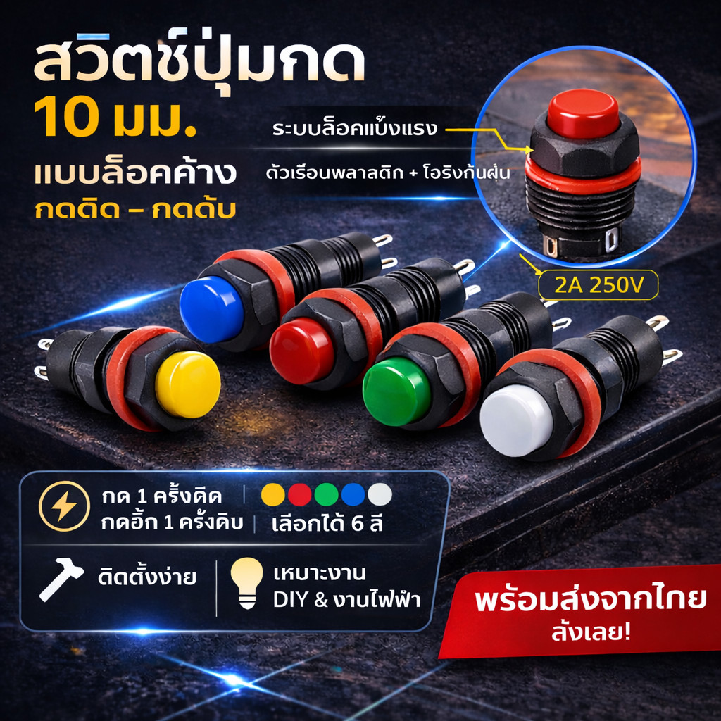 สวิตช์กดปุ่ม 10mm 3A 250V แบบล็อกค้าง Push Button สำหรับตู้คอนโทรล DIY เครื่องจักร