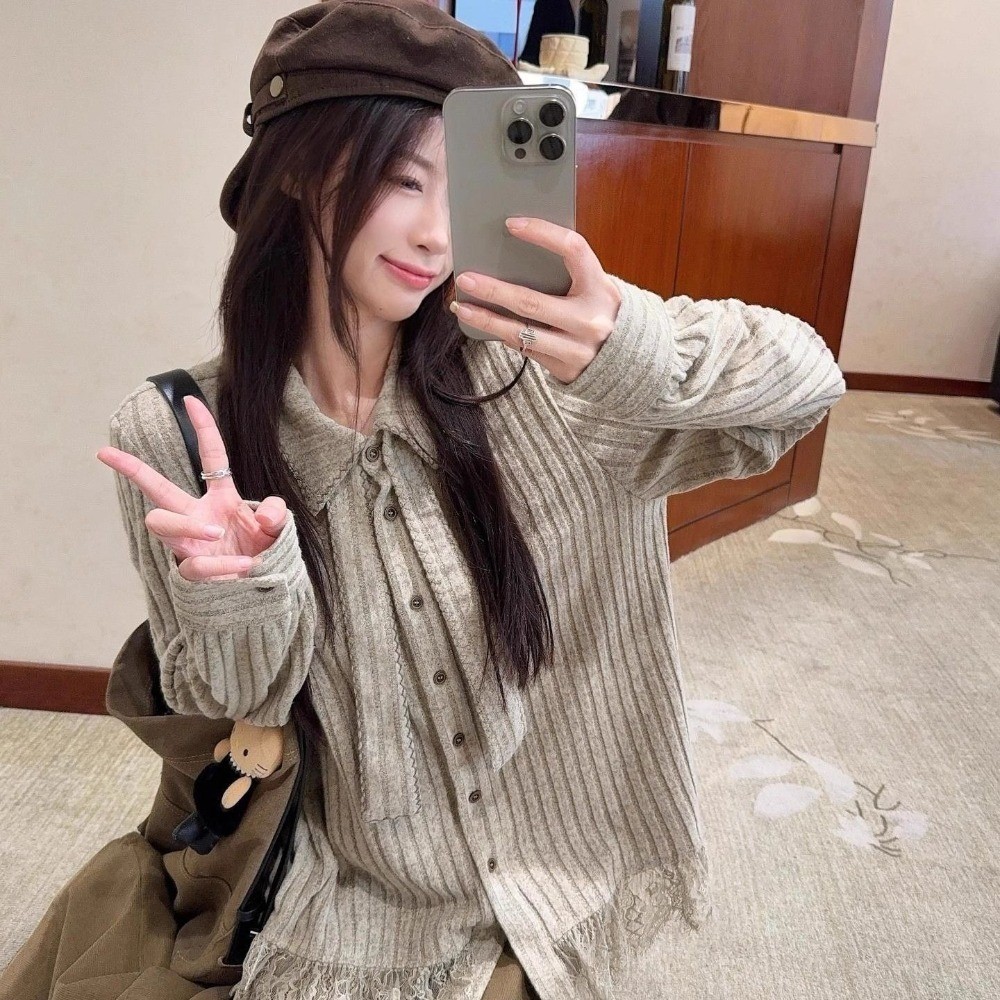 สไตล์ย้อนยุคลูกไม้แขนยาวถักเสื้อฤดูใบไม้ผลิฤดูใบไม้ร่วงใหม รูปที่ 4