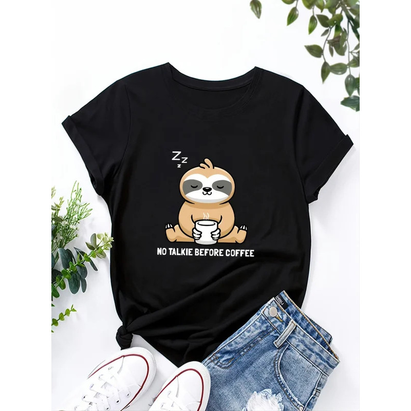 Cartoon Sloth Drink Coffee Printed T-Shirt Short Sleeve Crew Neck Casual Top for  Women's Tshirt Clo