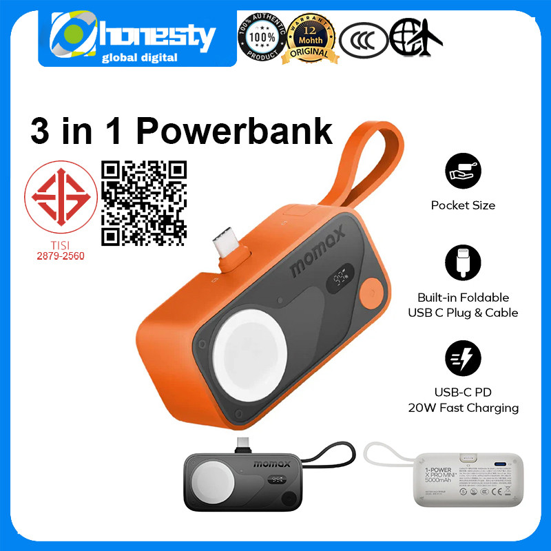 Momax1-Power X Pro Mini + 5000mAh Power Bank ปลั๊ก USB-C แบบพับได้ในตัวสาย USB-C Mini Powerbank พร้อ
