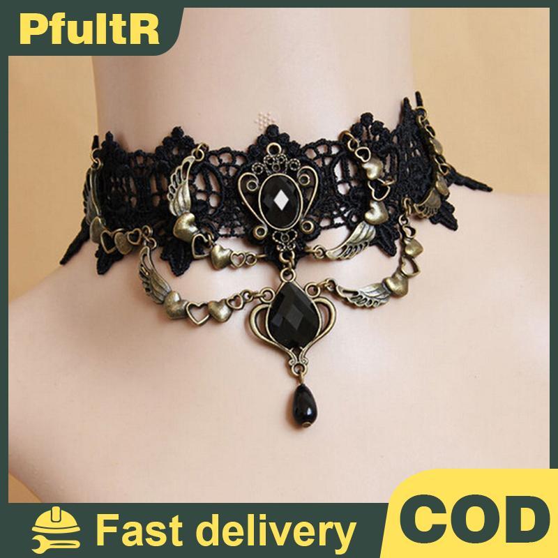 Null คริสตัลสีดําลูกไม้คอ Choker สร้อยคอ Vintage Victorian ผู้หญิง Chocker Steampunk null