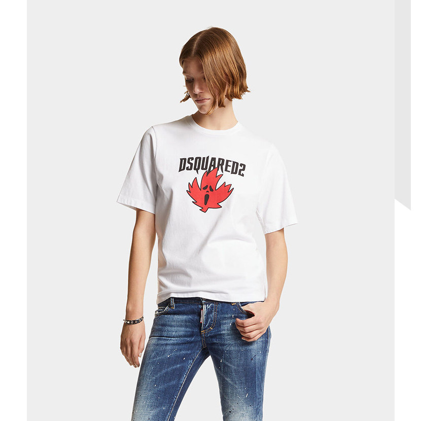 Readystock DSQUARED2 เสื้อยืดคอกลมชายและหญิงพิมพ์ลายใบเมเปิ้ลลําลองทุกวันแขนสั้น 100% Premium Cotton
