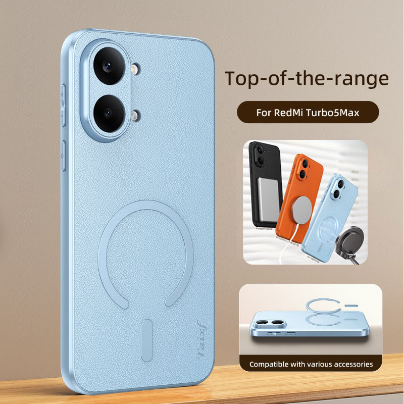 สําหรับ Redmi Turbo 5 Max Goatskin ผิวแม่เหล็กไร้สายชาร์จกันกระแทกปกหลังสําหรับ Poco X8 Pro Max PU หนังกรณี