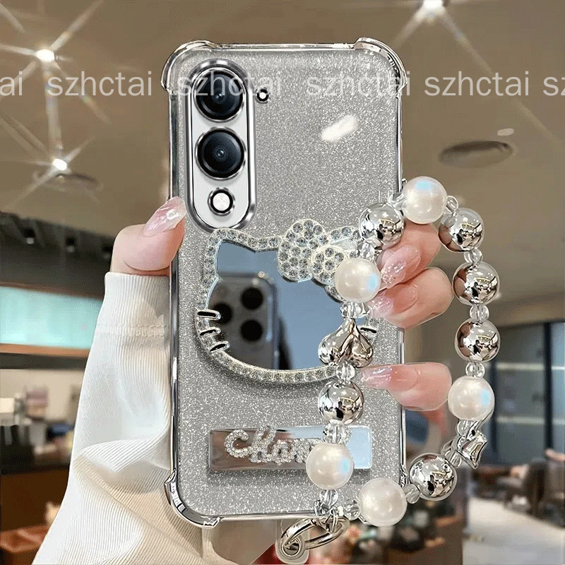 เคสสําหรับ Vivo Y04 สี่มุม เคสโทรศัพท์กันกระแทก 3ง น่ารักเพชรแมวกระจกแต่งหน้าวงเล็บพับกับสร้อยข้อมือใหม่เคสนิ่ม