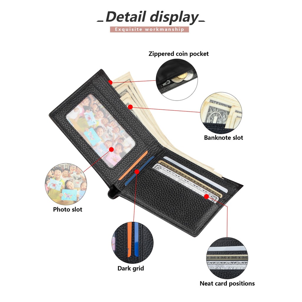 กระเป๋าสตางค์ RFID กันขโมยสําหรับผู้ชายกระเป๋าสตางค์หนังวัวชั้นบนพร้อมช่องใส่เหรียญซิป