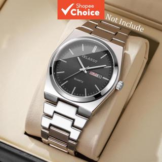 แฟชั่น สายสแตนเลสผู้ชายธุรกิจปฏิทินควอตซ์นาฬิกาสีเงินไม่มีกล…