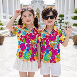 PINKเสื้อสงกรานต์ลายดอกเด็กโต ผ้าคอตตอน100% สีไม่ตก ผ้าไม่หด…