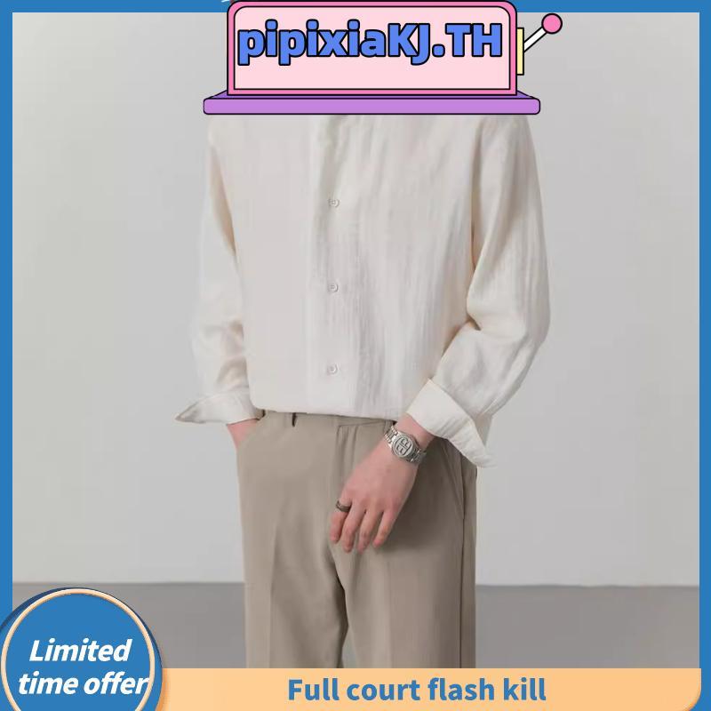 NHYGSV เสื้อเชิ้ตแขนยาวผู้ชาย ผ้าลินินระบายอากาศได้ดี มี 3 สี ทรงหลวม คอปกตั้ง [B436]