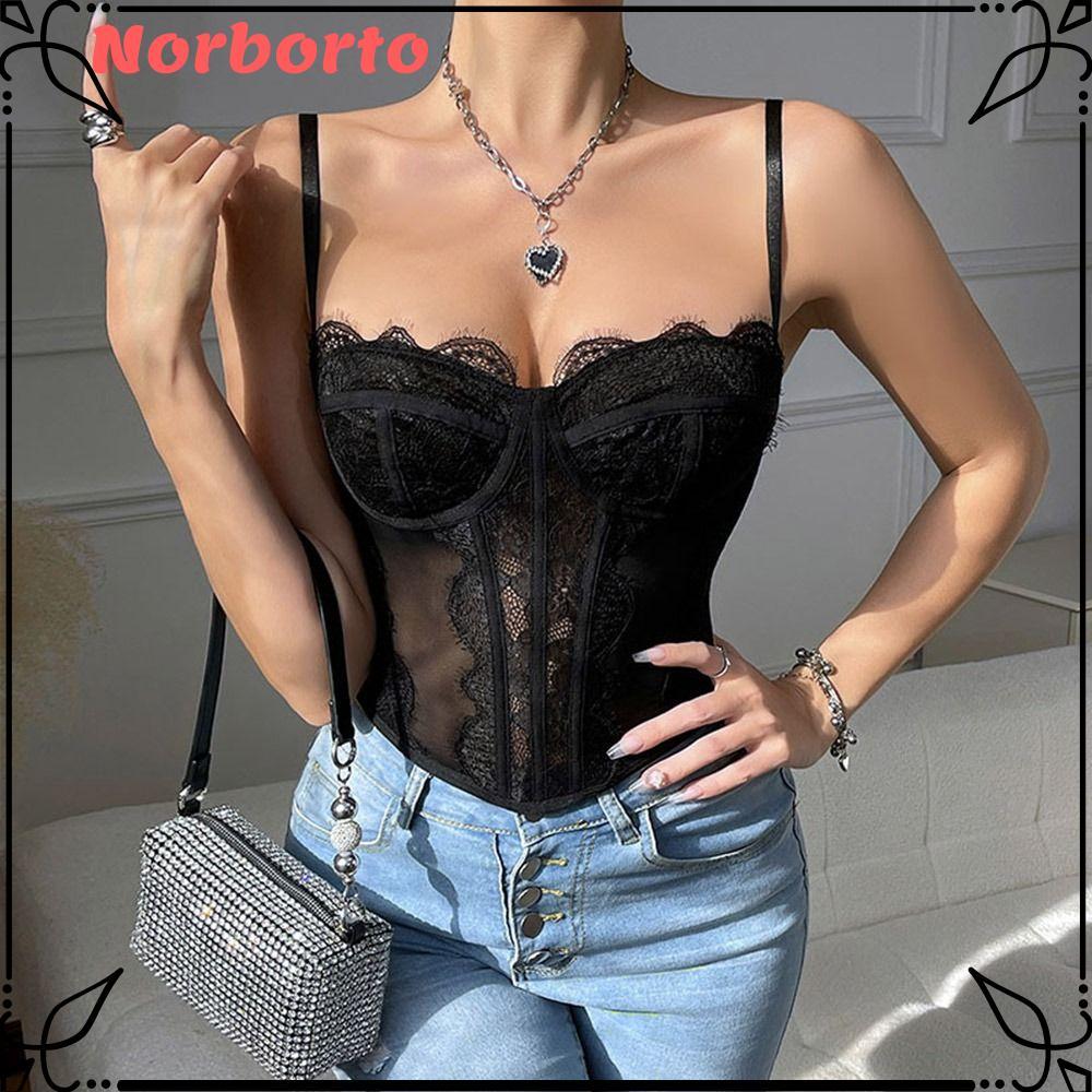 NORBORTO Mesh Bustier Tops, Elegant Temperament Lace Corset Top, ฤดูร้อน Casual Spaghetti Strap Fren