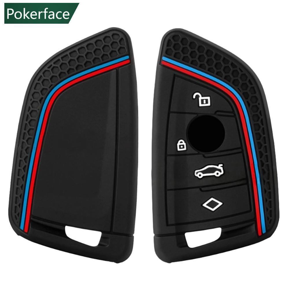 POKERFACE รถซิลิโคน Key Fob กรณี 4-Button สไตล์ Dual Line รูปแบบ Scratch & Drop ป้องกันสําหรับ BMW 3