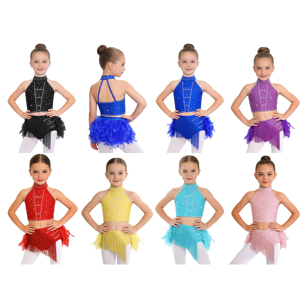 Yeahdor เด็กสาวชุดเต้นรําละติน Halter แขนกุด Strappy กลับ Crop Top เข็มขัดเอว Tassels Feather กระโปรงสําหรับ Samba Rumba Cha-Cha