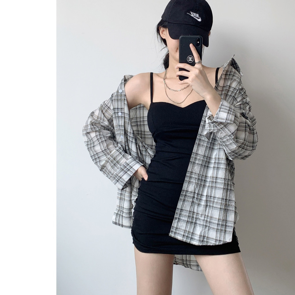 เดรส ด้านนอกสวมกระโปรงสั้นสไตล์ cod ฤดูร้อน Slimmer ดูสัมผัส Clavicle จีบสีดําด้านในยุโรปอเมริกัน Sl