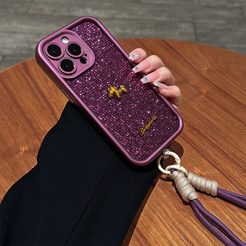 Triple Protection กันกระแทก Anti Scratch Anti Drop Glitter Pony กรณี Lanyard สําหรับ iPhone 16pro 17promax 16promax 14 15 16e 13 12 11 17air เคสโทรศัพท์