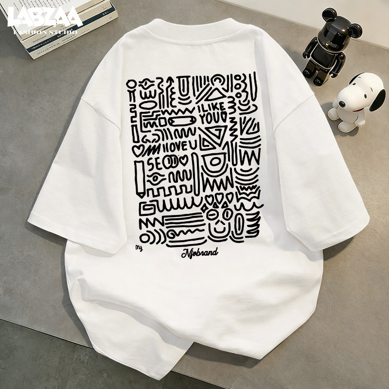 【จัดส่งจากกรุงเทพฯ】LABZAA เสื้อยืดแขนสั้นคอกลม วินเทจฟอกน้ำ Oversized ลวดลายแฟชั่น ผ้าฝ้าย 100% YG898