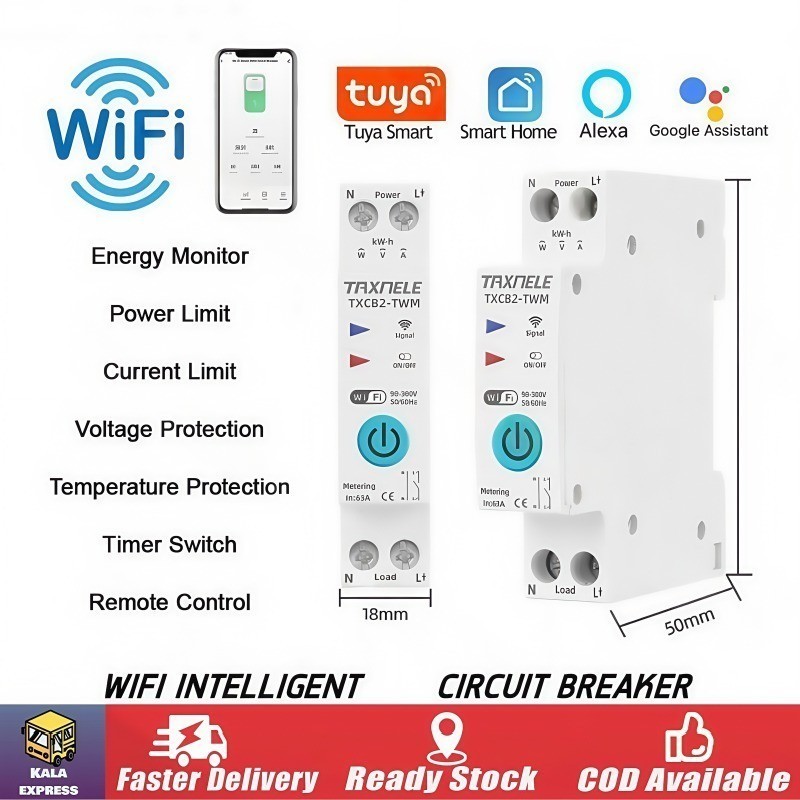 【ส่งฟรี】1-63A 1P + N Tuya WiFi Smart Circuit Breaker สวิทช์ Kwh วัดรีเลย์ MCB แรงดันไฟฟ้าป้องกัน Alexa Google Home Alice