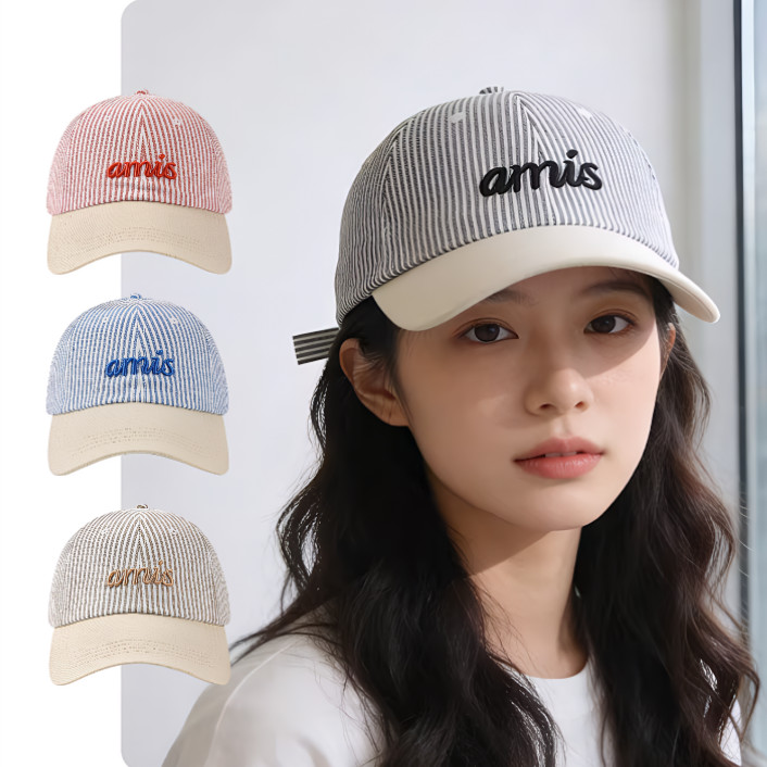 หมวกแก๊ปปีกกว้าง ทรงนิ่ม ดีไซน์ striped แฟชั่นเกาหลี ปักตัวอักษรน่ารัก ผ้าฝ้าย สีบล็อก ผู้ชายผู้หญิง ใส่แคมป์ปิ้ง หมวกเท่ๆ