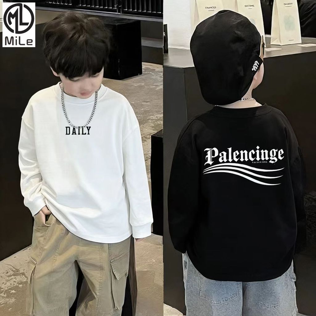 [ML] 80-170 ซม.เด็กสไตล์ใหม่ฤดูใบไม้ผลิฤดูใบไม้ร่วงAll-Match Pure Cotton Letterเสื้อยืดแขนยาวสไตล์เกาหลีแฟชั่นเสื้อผ้าเด็กชายหญิงTops