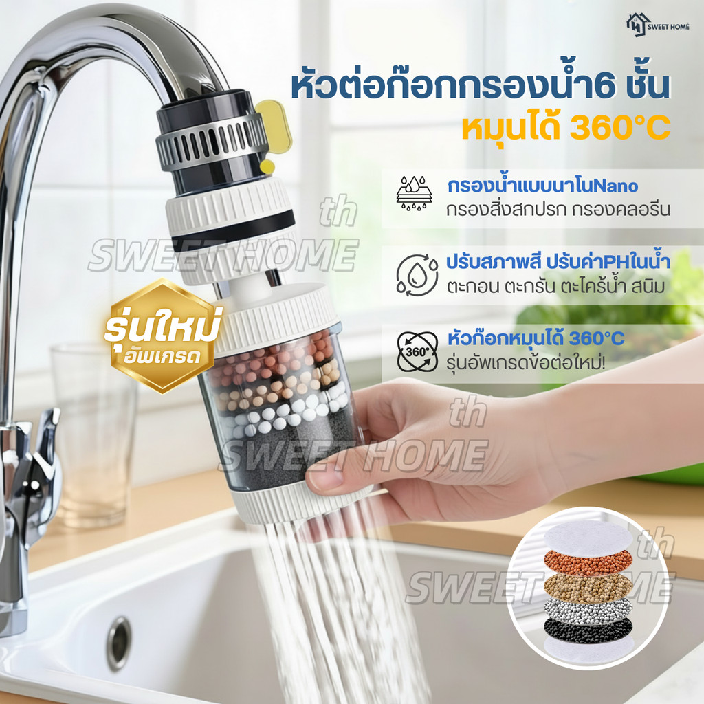 หัวต่อก๊อกกรองน้ำหมุนได้ 360°C(อัพเกรดใหม่) ชั้นกรอง 6ชั้น กันน้ำกระเด็น หัวกรองก๊อกน้ำ ที่กรองน้ำ หัวกรองน้ำ ระบบน้ำ