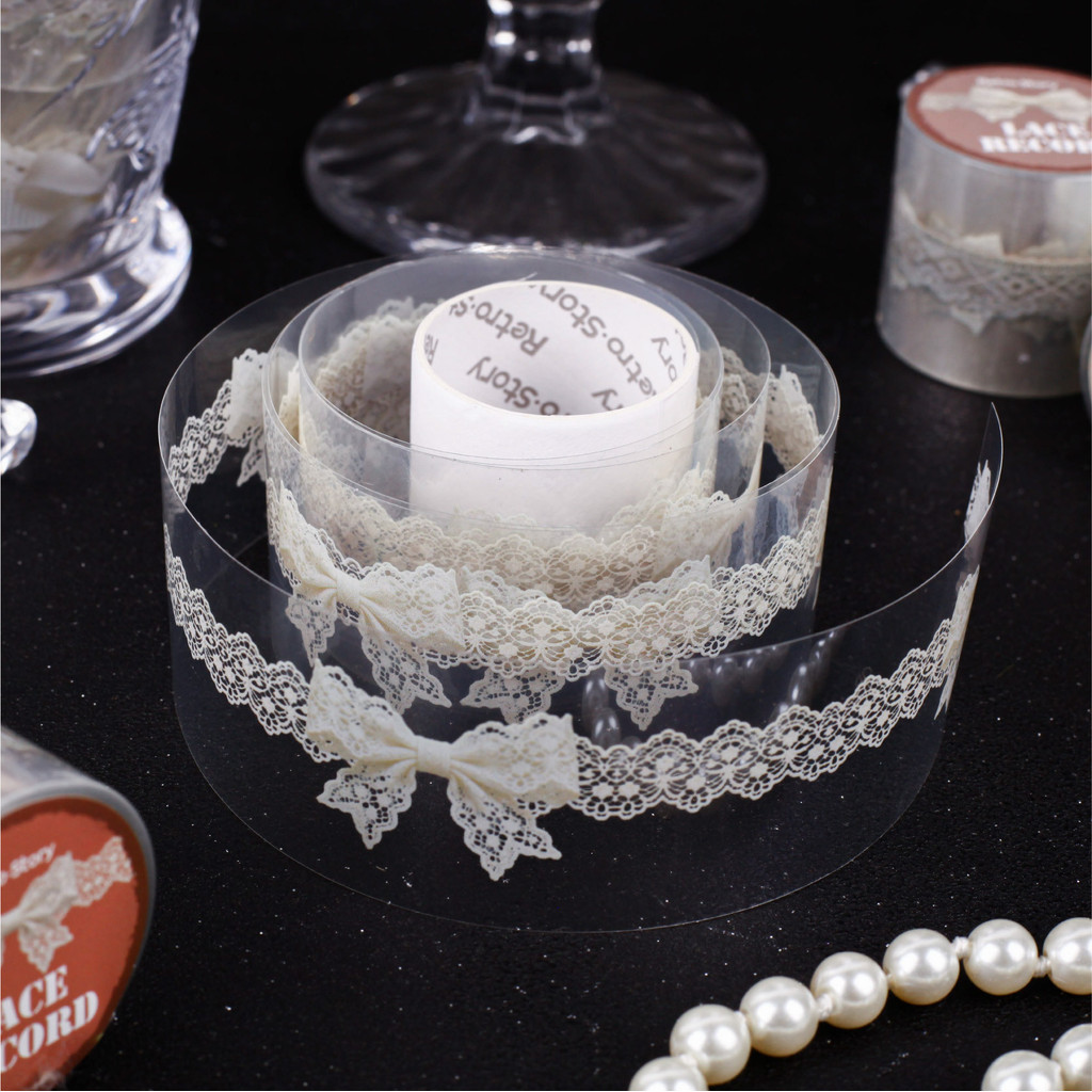 Vintage Bowknot ลูกไม้รูปแบบ Washi เทปกาวโปร่งใสเทปกาวสําหรับ DIY Craft เด็กสมุดภาพ DIY ห่อของขวัญ Journal