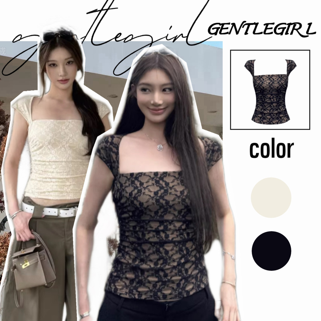 #GG🎀เสื้อครอปแขนสั้นผ้าลูกไม้เปิดหลังและไหล่ สำหรับผู้หญิง ทรงเข้ารูปพอดีตัว เหมาะสำหรับฤดูร้อน