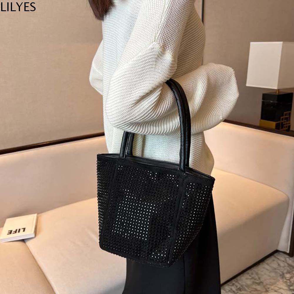 Lilyes Sparkling Square Bag, Large Capacity Classical Bright Rhinestone Shoulder Bag, Trendy PU Storage Pouch Silver Bucket Handbag Banquet