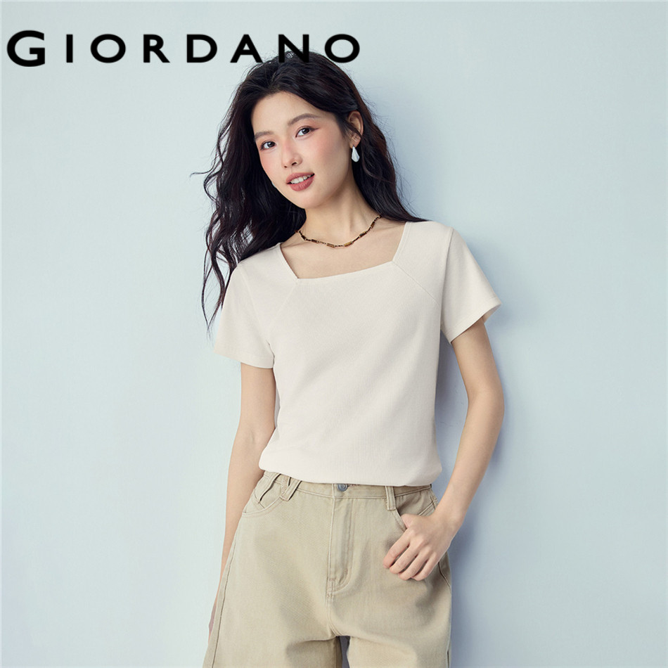 GIORDANO WOMEN Square neck short sleeve slim fit rib tee 13326277 ราคา ถูกที่สุด ดีลบีเคเค