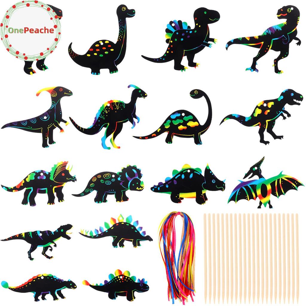 OnePeache 64 ชิ้นไดโนเสาร์การ์ดรอยขีดข่วน Rainbow Scratch กระดาษไดโนเสาร์หัตถกรรม Art การ์ดไดโนเสาร์