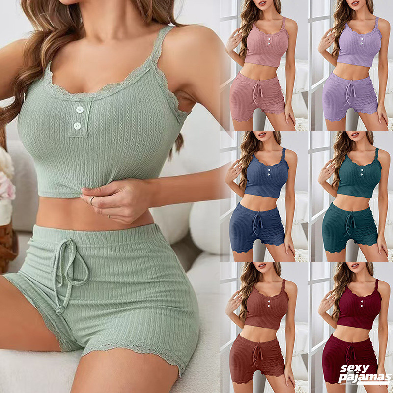 sexy pajamas ชุดนอน 2 ชิ้น ผ้าใส่สบาย ชุดนอนผู้หญิง มีหลายสีให้เลือก ระบายอากาศได้ดีและสวมใส่สบาย ส่งจากไทย