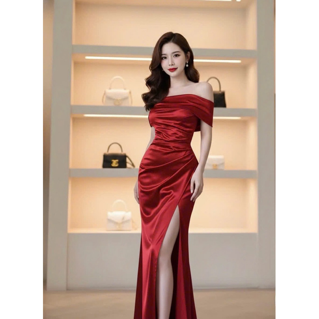 VM HOTUBE - DP21 LONG SHOULDER FLAT DRESS, PARTY DRESS, WEDDING DRESS, EXTREMELY LUXURY EVENT DRESS