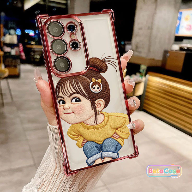 สำหรับ Samsung S25U,S24U,S23,S23U,S22,S22U,S21U,S21,S20,S20FE เคสซัมซุง ลายเด็กผู้หญิงน่ารักยิ้ม ชุบเงา สี่มุม ป้องกันตก