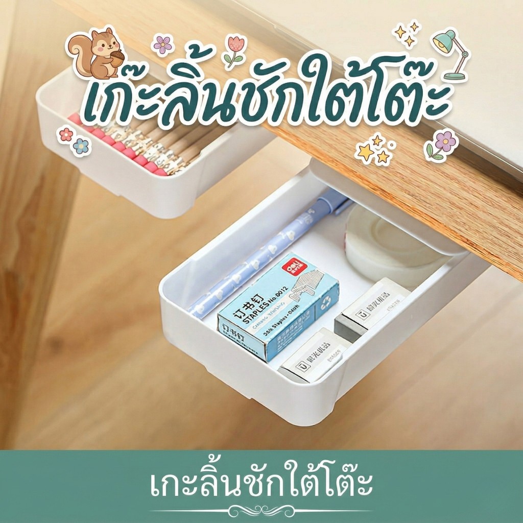 ส่งด่วน เก๊ะ ลิ้นชักติดใต้โต๊ะ กล่องลิ้นชักเก็บของอเนกประสงค์ กล่องเก็บของ พร้อมกาวติดตั้งในตัว แข็งแรงเลื่อนง่าย