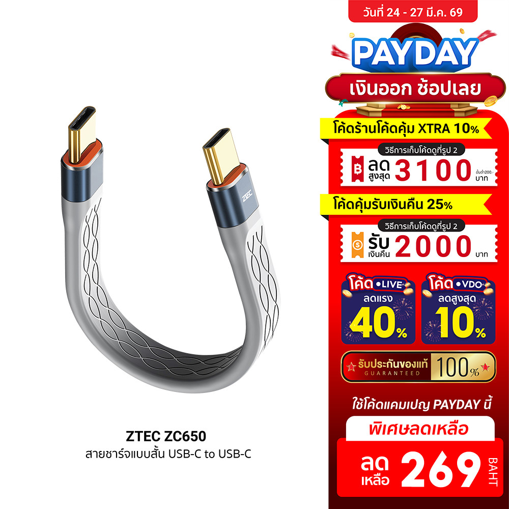 [ลดเหลือ 269] ZTEC ZC650 สายชาร์จแบบสั้น USB-C to USB-C Thunder 4/3 , USB 4 เชื่อมต่อภาพ 8K -2Y