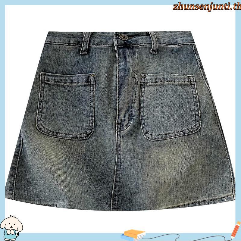 wow shop กระโปรงยีนส์ผ้าไม่ยืด แต่งกระเป๋าหน้า