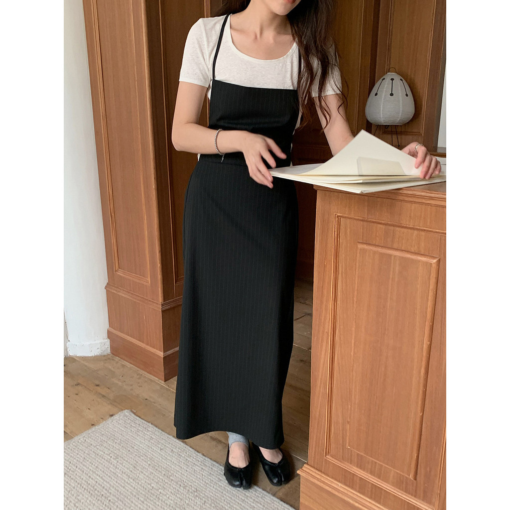 Inbyin กระโปรงลายทางสำหรับผู้หญิง แบบแขนกุดและเปลือยหลัง