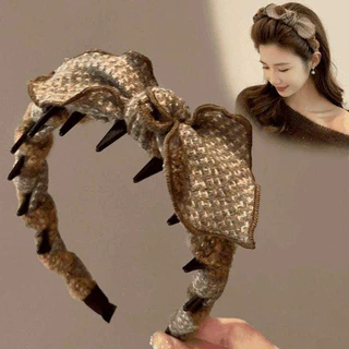 (พร้อมส่งในไทย) ที่คาดผมโบว์ ผ้าขน แบบหยักและสูง มีซี่ดันกันลื่น ยกโคนผม
