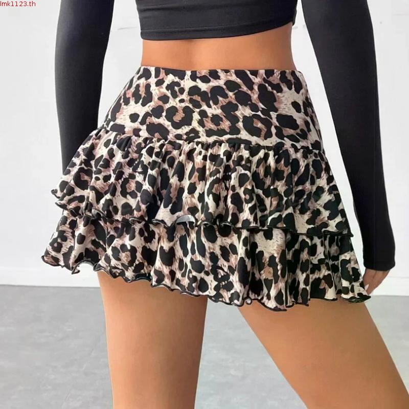 Topone-women Casual Summer Leopard Print Layered Ruffled Mini Skirt