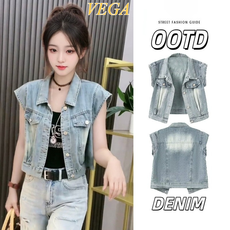 VEGA เสื้อกั๊กยีนส์ เสื้อแขนกุด คอปกกระดุมหน้า กระเป๋าหลอก สไตล์เกาหลี รุ่น W8910