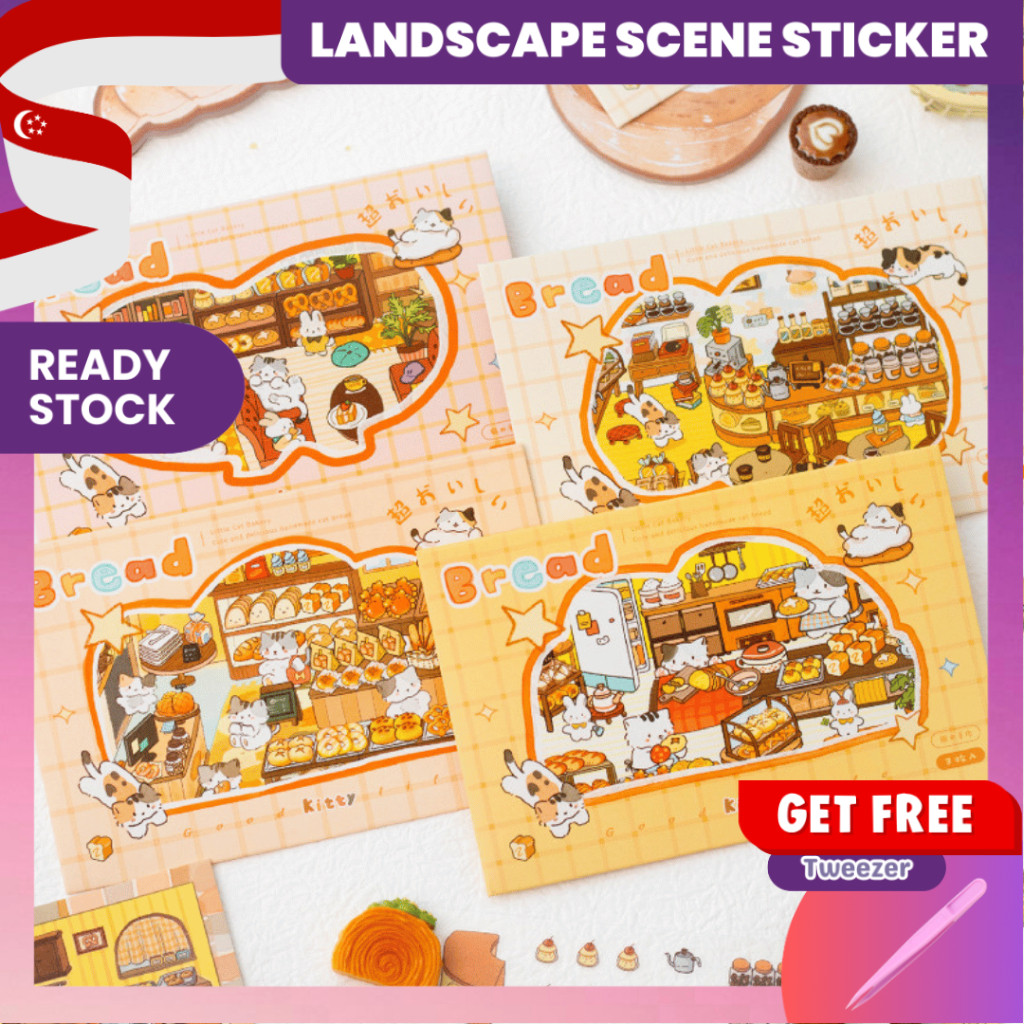 [KW] Pet Café Town Landscape Sticker 3D Scene Sticker for Journaling, สมุดภาพ, บรรเทาความเครียด & – 