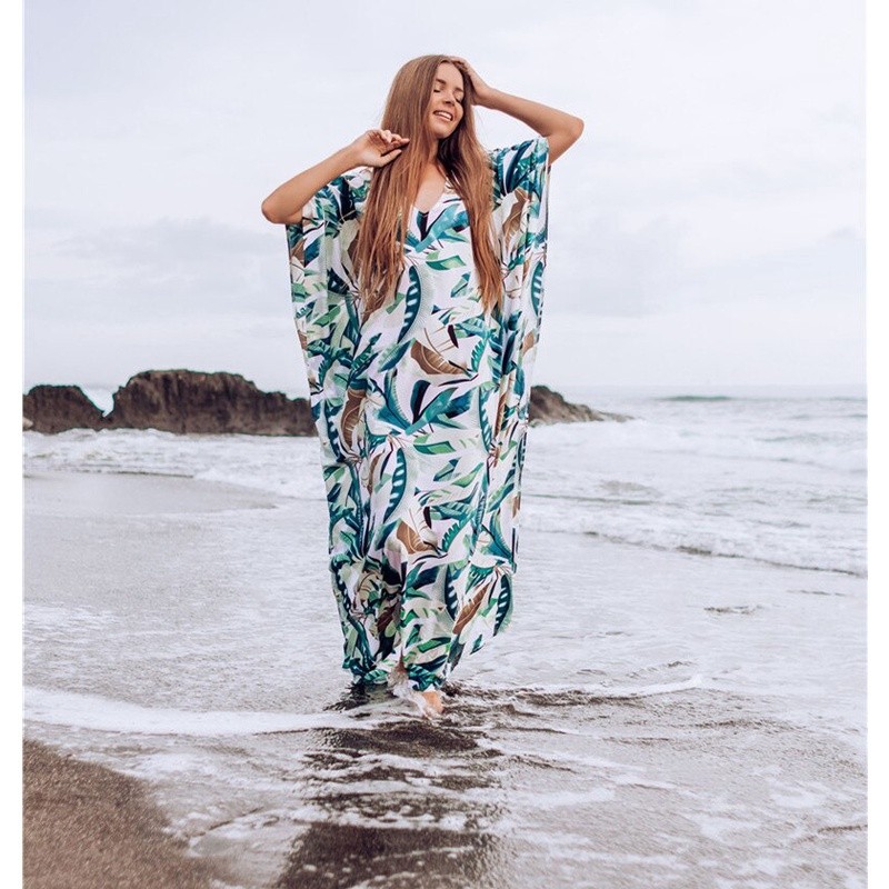 Bohemian Leaves พิมพ์บิกินี่ Cover-ups หลวม V คอชุดชายหาดฤดูร้อนชีฟองผู้หญิง Beachwear
