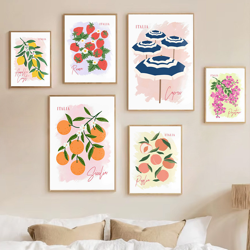 โปสเตอร์พืชมะนาวสีส้ม เฟื่องฟ้า ร่มกันแดดผ้าใบจิตรกรรมตกแต่งผนังศิลปะเหมาะสําหรับร้านอาหารระเบียง