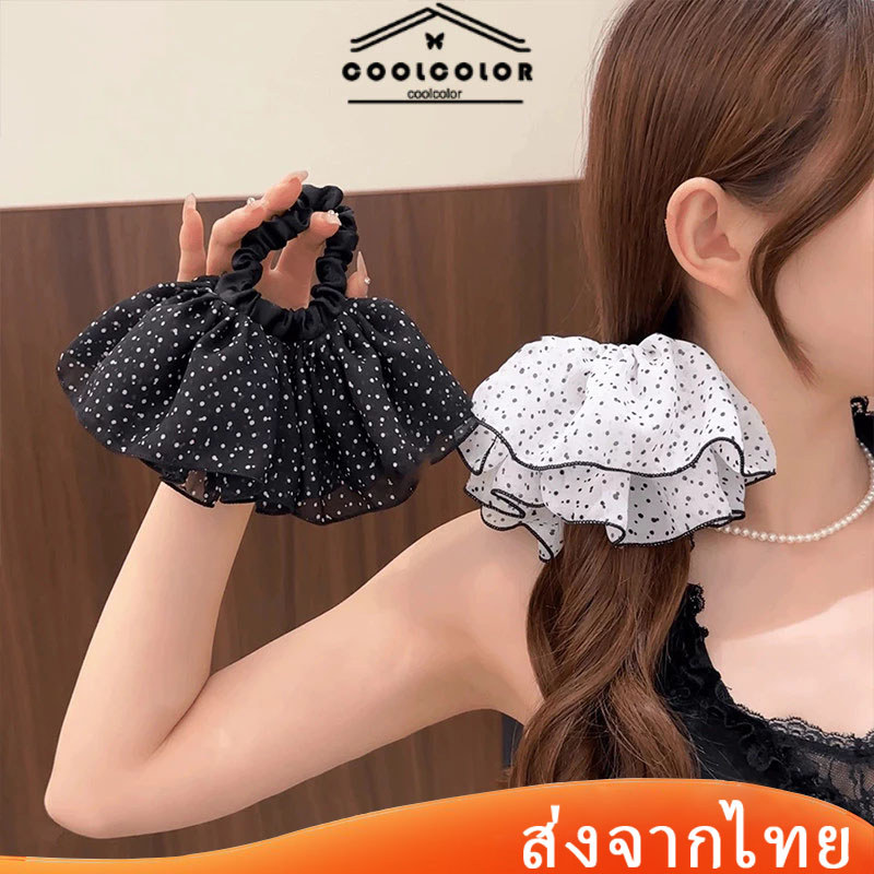 ในไทย💖ยางรัดผมลายจุดขาวดำสไตล์เกาหลีแฟชั่นวินเทจความยืดหยุ่นสูงผมหางม้าคุณภาพสูงสําหรับผู้หญิง.COD