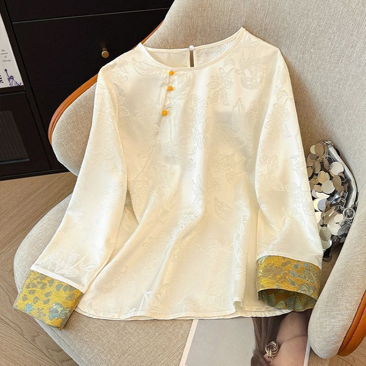 C CP ใหม่สไตล์จีนเสื้อแขนยาวผู้หญิง Jacquard เย็บ All-Match Top 2026 ปีใหม่รอบคอ Retro Classy สุภาพส