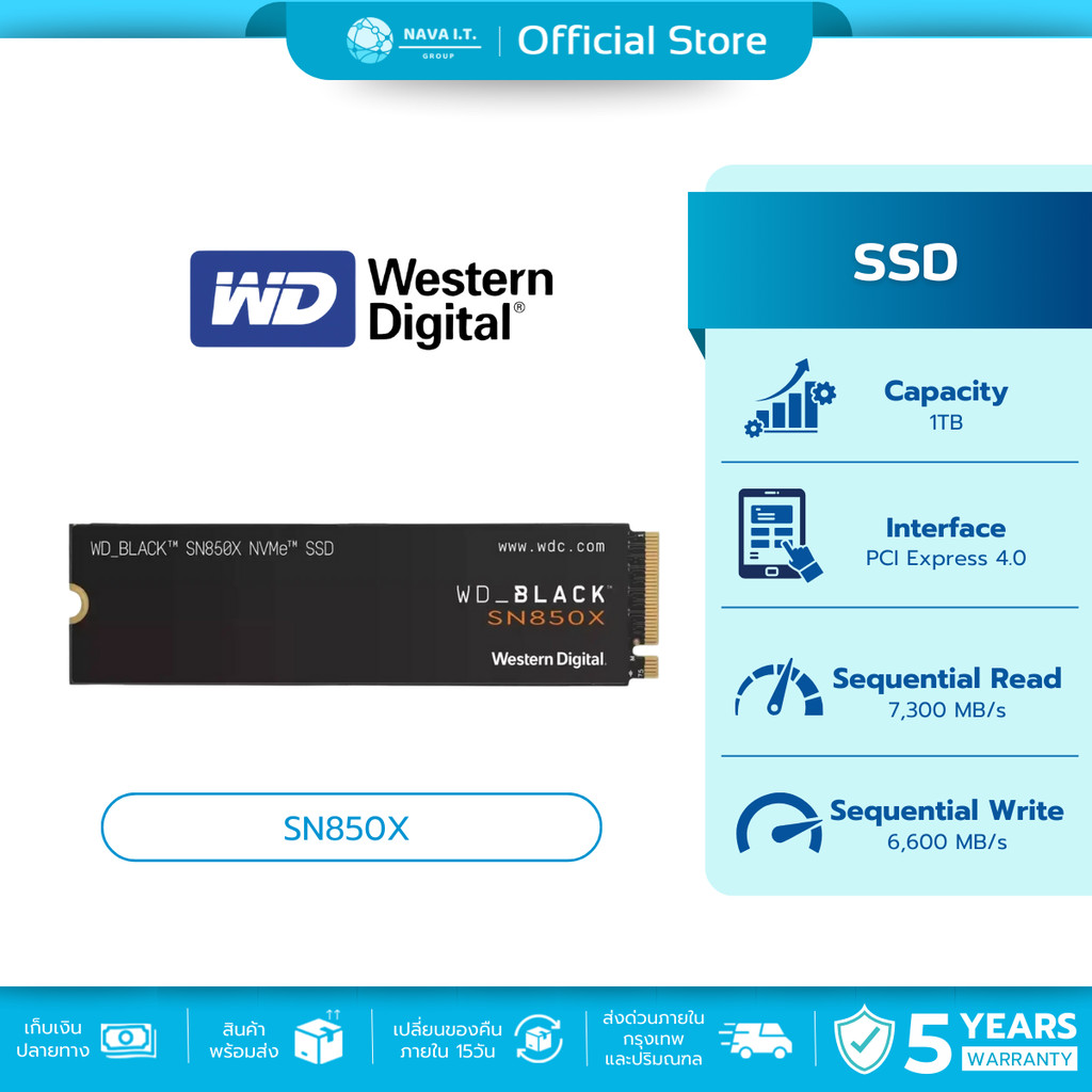 WD SSD (เอสเอสดี)  BLACK SN850X 1TB WITHOUT HEATSINK PCIe 4x4/NVMe M.2 2280 (WDS100T2X0E)