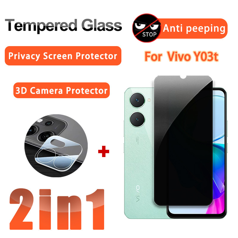 2 ใน 1 ฟิล์มความเป็นส่วนตัว Vivo Y03t ฟิล์มกระจกนิรภัยสำหรับ Vivo Y04 Y03t Y03 Y19s Y19 Pro Y18e Y18