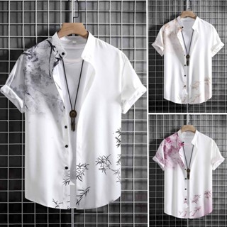 พลัสขนาดผู้ชายลําลองผ้าฝ้ายแขนสั้นเสื้อดอกไม้พิมพ์ยืนปกปุ่มล…