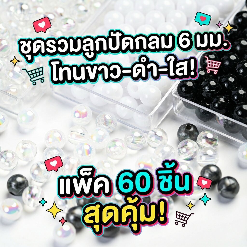 ลูกปัดเม็ดกลม 6 มม. ดำขาวใส เลือกใช้ได้ตามต้องการ แพ็คเล็ก 60 ชิ้น แพ็คใหญ่ 500 ชิ้น