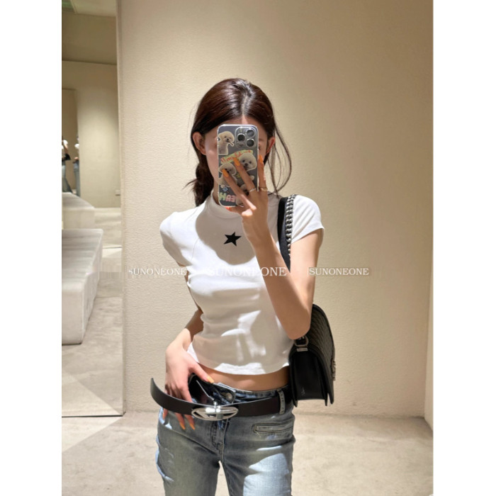 ปลาค็อด เกาหลีการค้าต่างประเทศผ้าฝ้ายแท้แบบใหม่40นับ220กรัม(92%ผ้าฝ้าย8%แปนเด็กซ์)ของแท้ไหล่แขนสั้นเ