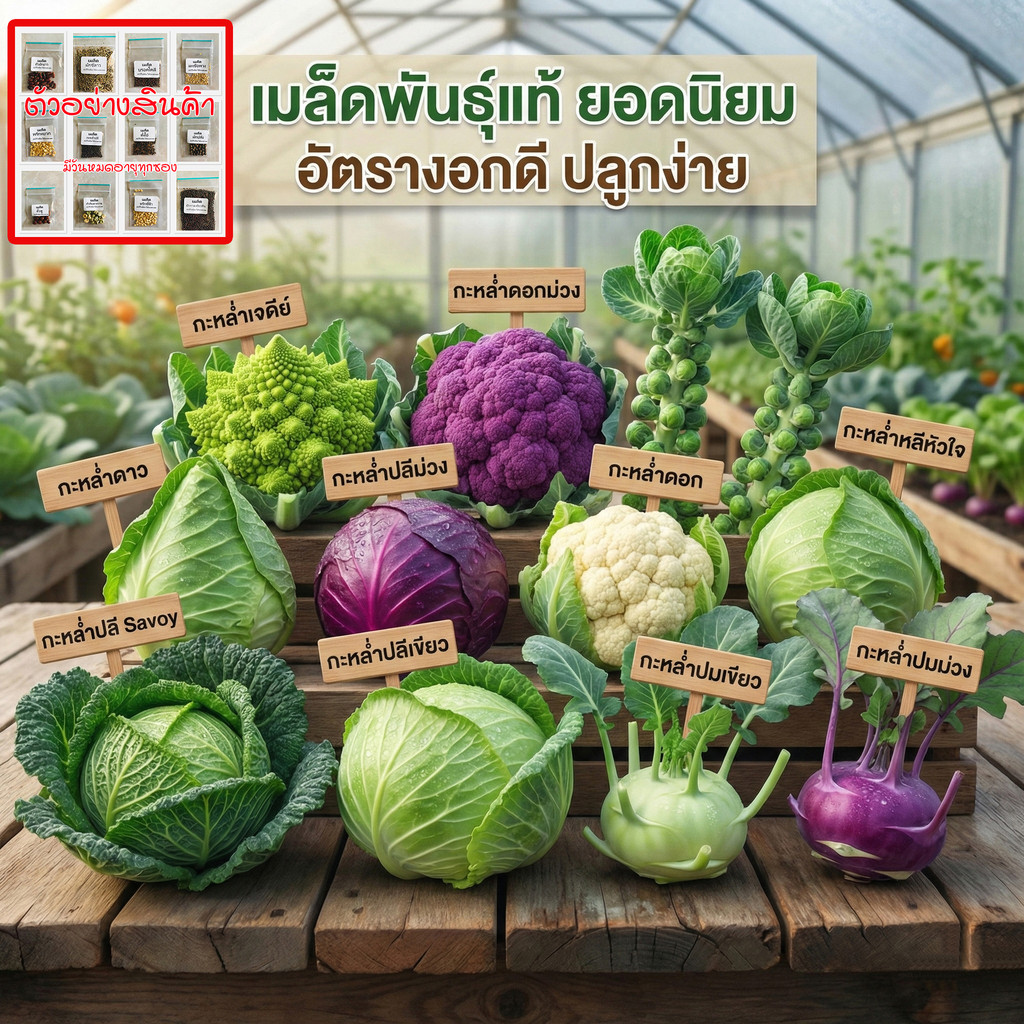 เมล็ดพันธุ์กะหล่ำ 7 สายพันธุ์ กะหล่ำปลีม่วง กะหล่ำดาว อินทรีย์ออแกนิค งอกดี โตไว 20-100 เมล็ด (10แถม1)