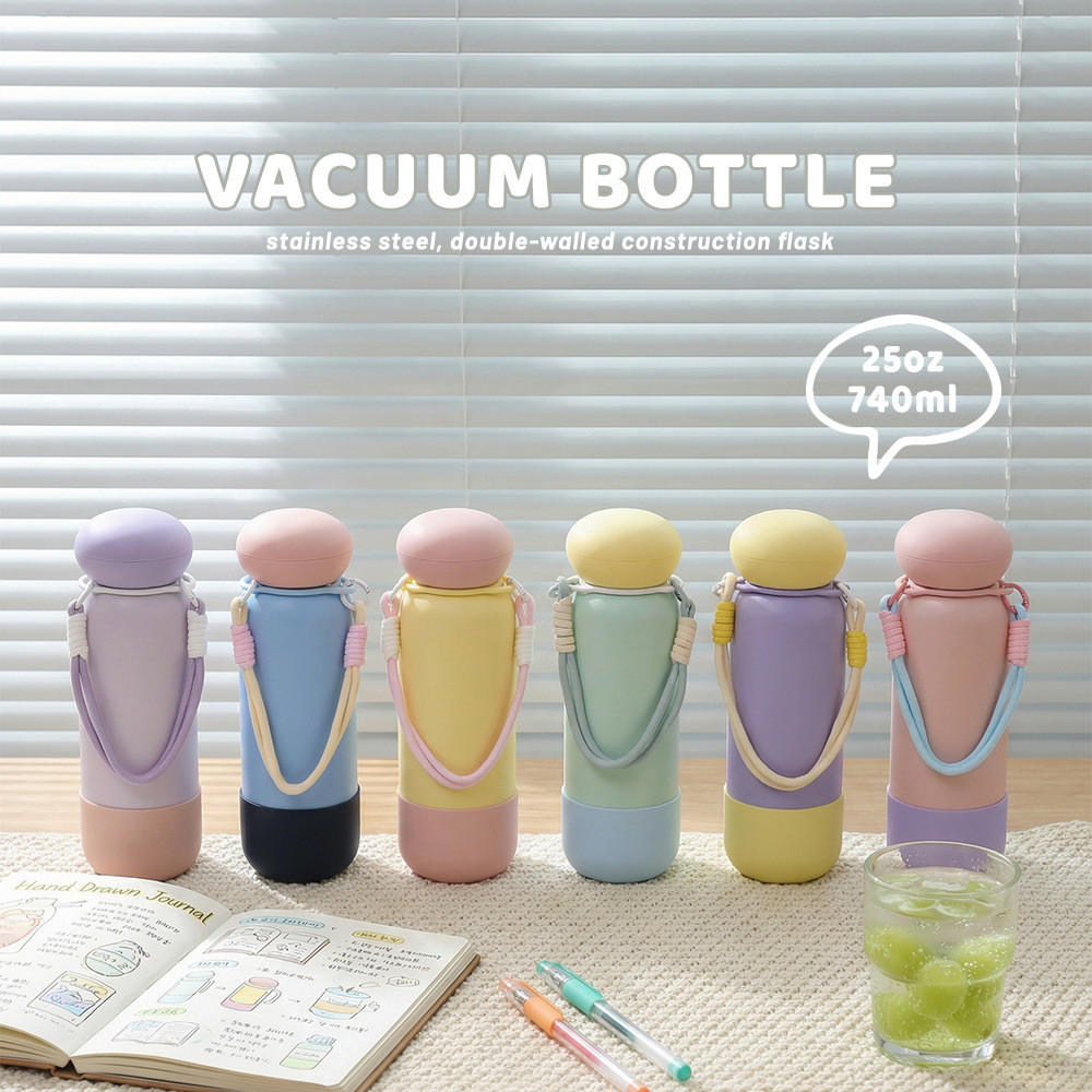 กระติกน้ำสแตนเลส 740ml ใหม่ปี 2026 หูหิ้วพกพาง่าย เก็บอุณหภูมิได้นาน สีสดใส